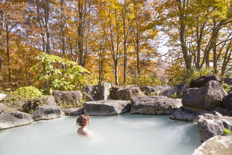 autumn. Japanese open air hot spa . Open-air bath of Japan
