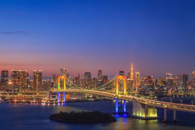 View of Tokyo Bay, Rainbow bridge and Tokyo Tower landmark, Twilight scene, Odaiba