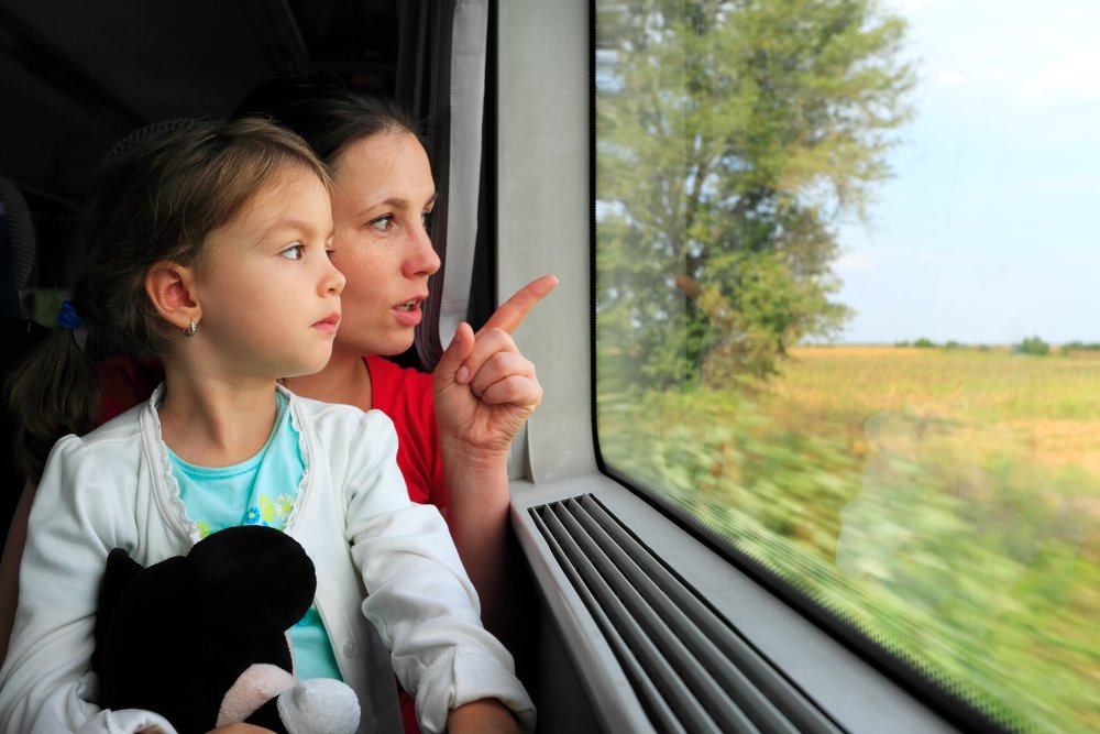 Mother and child looking on the train window