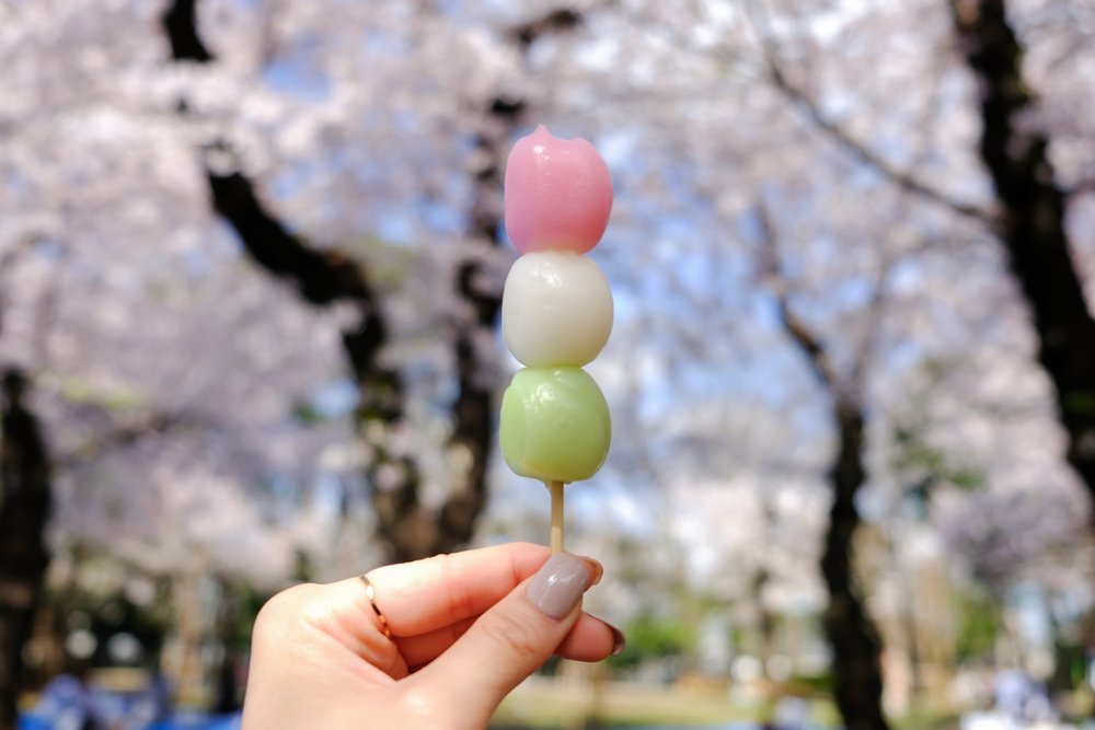 Hanami dango has three colors,traditionally made during Sakura-viewing season