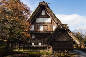 Traditional gassho sukuri farmhouses, similar to those in Shirakawago, at Hida Folk Village open air museum in Takayama, Japan