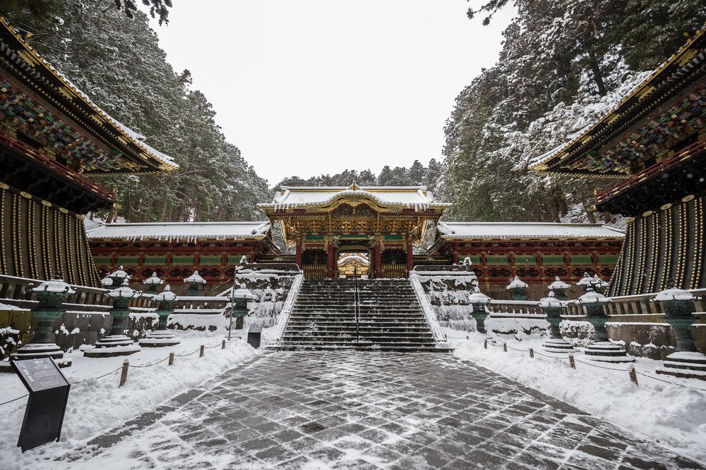 pathway to World heritage, Taiyuin Mausoleum, Nikko, Japan in the winter with snowfall