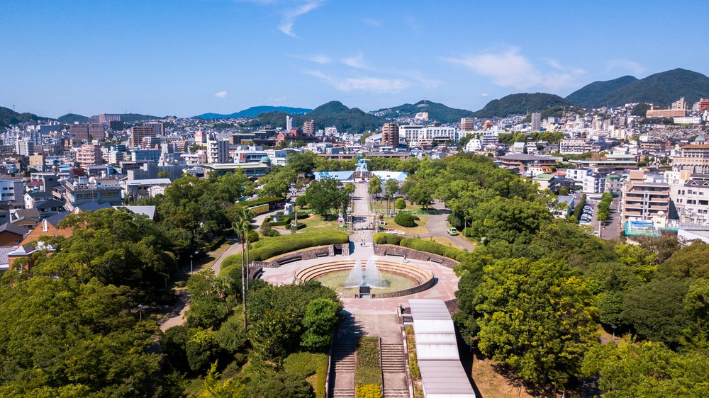 High angle view of Nagasaki Peace park in Japan. Scenery consist of statue,