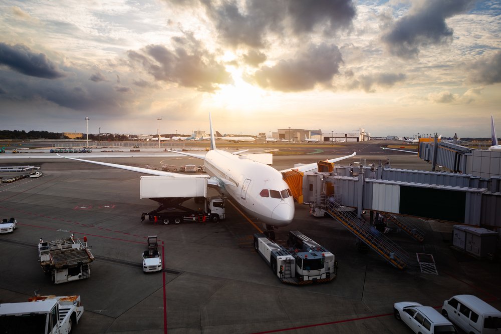 Aircraft at Narita International Airport at sunset