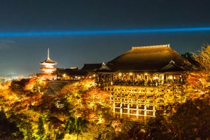 Autumn night light up at Kiyomizu-dera temple and the large veranda (Kiyomizu stage), Kyoto, Japan