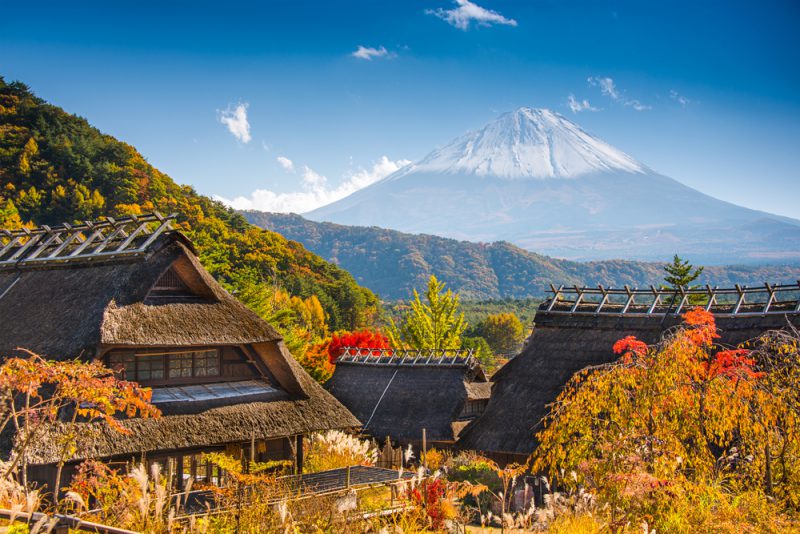 Iyashi-no-sato village with Mt. Fuji in Japan