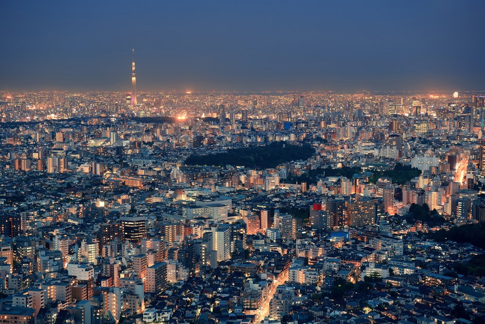 Tokyo Skytree and urban skyline rooftop view at night, Japan