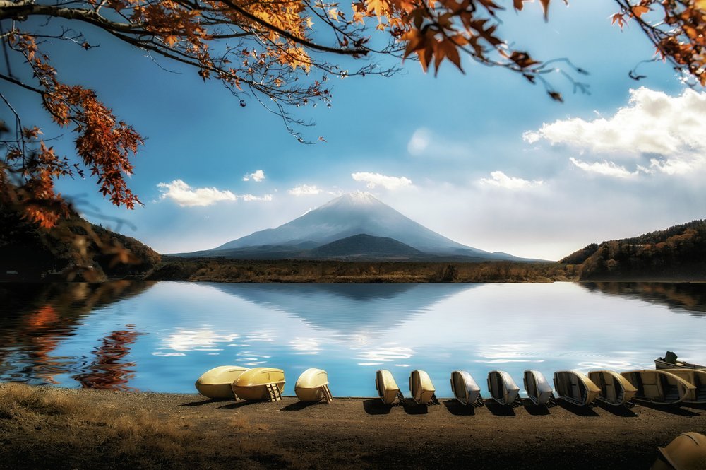 Lake Shoji (Shojiko) and the famous volcano. Part of Fuji Five Lakes in Fuji-Hakone-Izu National Park