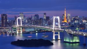 Tokyo, Japan at Rainbow Bridge and Tokyo Bay.