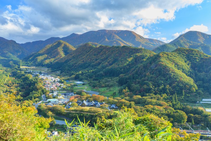 Yamadera city valley Viewed from the Godaido Hall of the Yamadera temple, Yamagata prefecture, Japan.