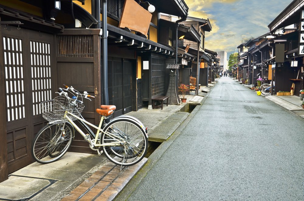 Two bicycle in Old town area of Takayama, Japan.