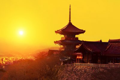 Magical sunset over Kiyomizu-dera Temple, Kyoto, Japan