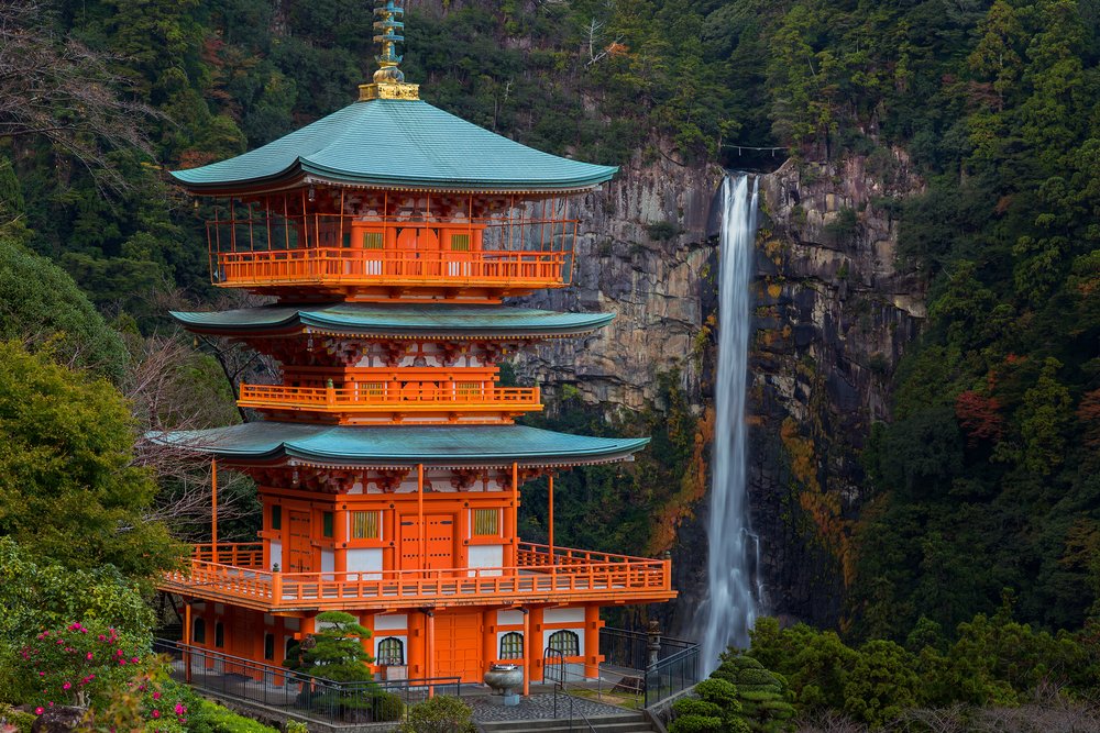Pagoda of Seiganto-ji Temple at Nachi Katsuura with Nachi no Taki fall in WAkayama