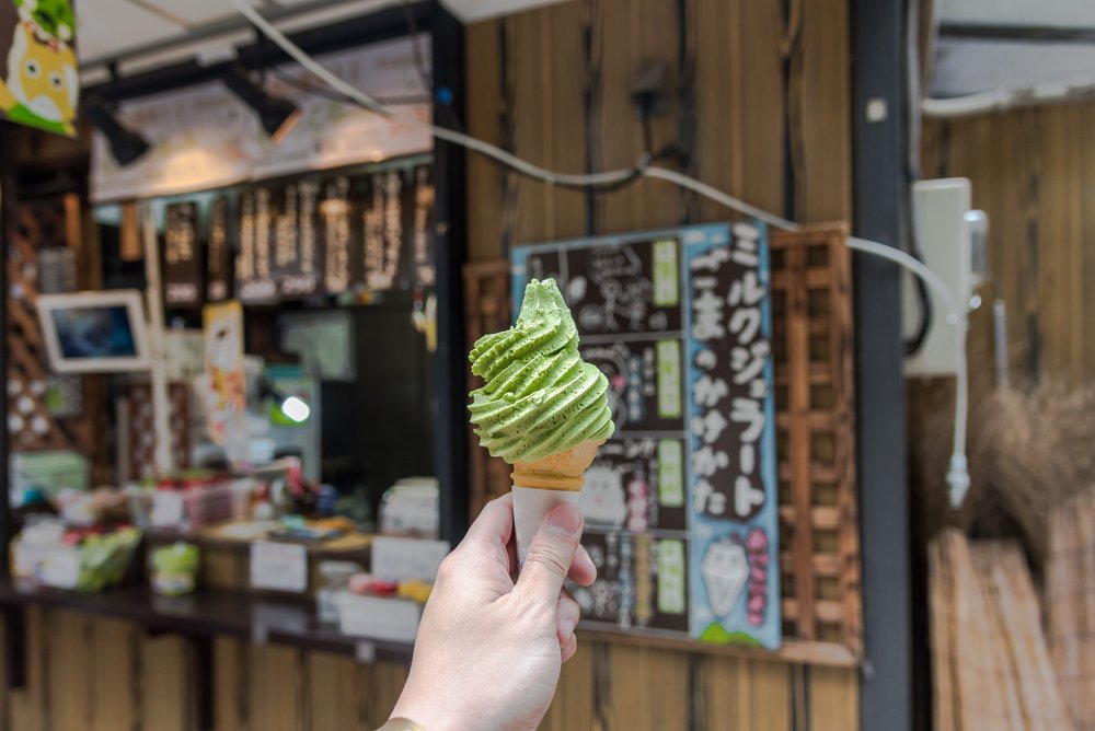 Rich Matcha Green Tea Soft Cream Ice Cream in Cone On Hand