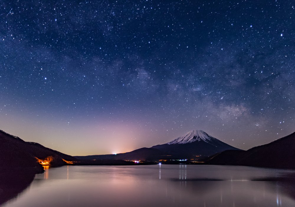 Mountain Fuji and Milkyway at Lake Motosu in winter season