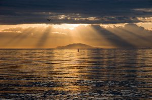 The sun rising over Lake Biwa near Kyoto