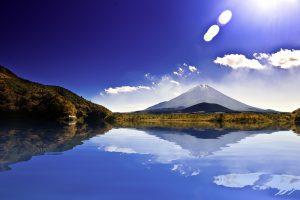 Japan landscape with Mount Fuji - Lake Shoji (Shojiko) and the famous volcano. Part of Fuji Five Lakes in Fuji-Hakone-Izu National Park 2