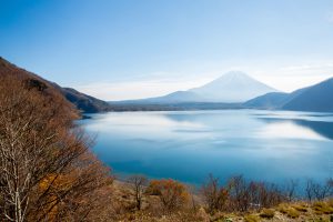 Mountain Fuji fujisan with Motosu lake at Yamanashi Japan