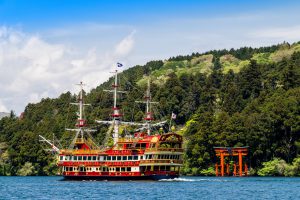 orii on the water with pirate ship in Lake Ashi Ashinoko Hakone Japan