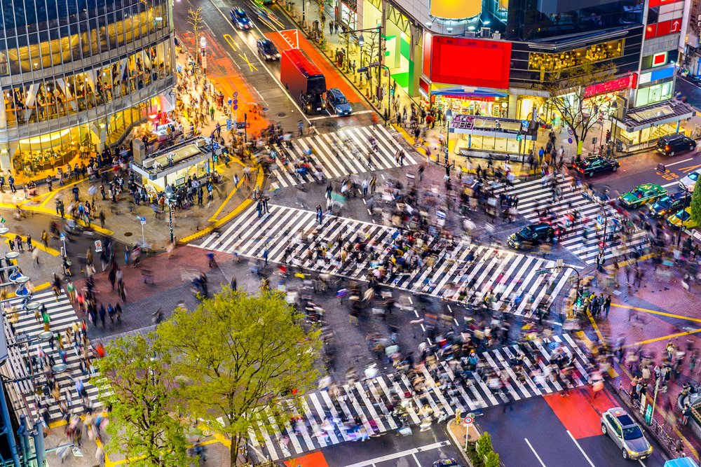 Tokyo, Japan view of Shibuya Crossing, one of the busiest crosswalks in the worl