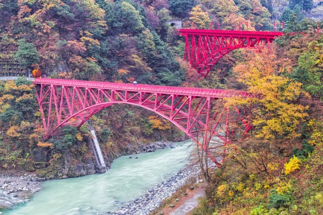 Kurobe Gorge Railway red bridge, Japan