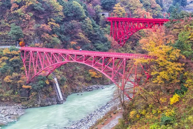 Kurobe Gorge Railway red bridge, Japan
