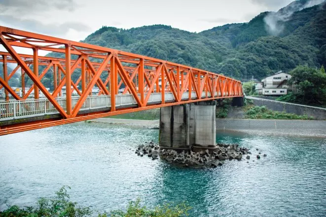 Red iron bridge at Sakamotomachi, Sakamoto, Yatsushiro, Kumamoto Prefecture.